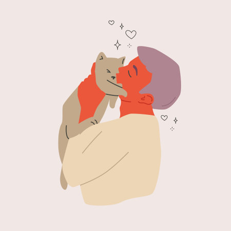 Young man with his pet cat flat vector illustration isolated on grey backdrop. Cartoon or comic style. Pet owner hugs cat with love.のイラスト素材