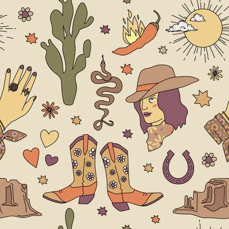 Western boho seamless pattern on beige backdrop. Wild West vector elements with woman face in cowboy hat and cowboy boots. US style repeatable design.のイラスト素材