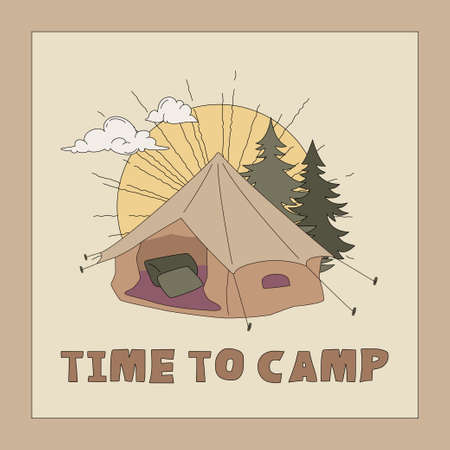 Camping tent and pine trees poster template. Vintage style vector illustration. Square card or banner. Outdoor activity design in sandy tones.のイラスト素材