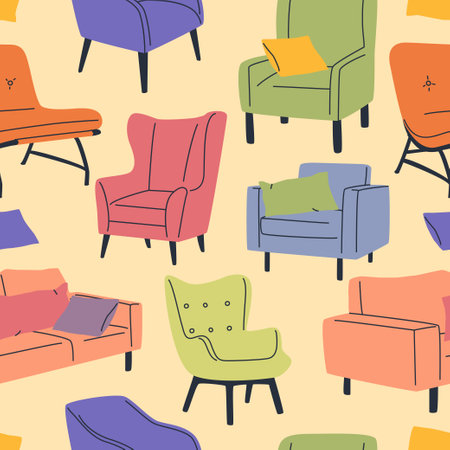 Retro furniture seamless pattern. Cartoon or comic vector graphic of chairs and sofas. Colorful vintage interior illustrations.のイラスト素材