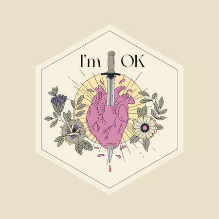 Sword pierced heart and flowers vector illustration. Editable stroke. Macabre or broken aesthetic. Old school art decor. Sticker or tattoo design with phrase I'M OK.のイラスト素材