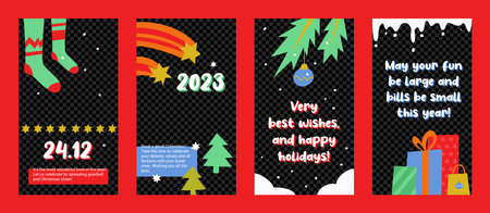 New Year Christmas greetings or sale set of vector templates for social media network or shorts stories. Vertical cards for photos or video overlapping with bright Illustrations and place for photo.のイラスト素材