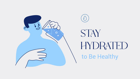 Stay Hydrated banner template with simple male character, drinking water. Modern flat and line illustration. Vector explainer design. Healthy lifestyle. Horizontal aspect ratio.のイラスト素材