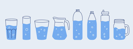 Different containers with water. Vector illustration set. Healthy lifestyle. Editable stroke. Jars and bottles, glasses.のイラスト素材