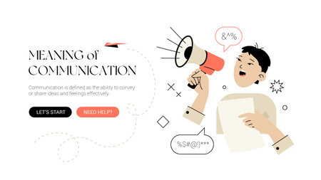 Man with loudspeaker. Banner template. Ui illustration of young man with megaphone, speech bubbles and paper sheet. Editable stroke.のイラスト素材