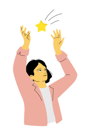 Young smiling woman catching falling star. Dreams come true concept. Modern vector character design. Flat cartoon illustration isolated on white background.のイラスト素材