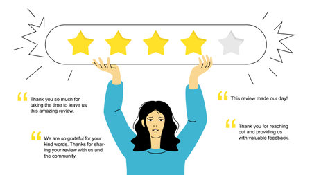 Rating banner template.Youn woman holding five stars over her head. Positive review. Rating system. Ad, marketing, and promotion. Vector illustration.のイラスト素材