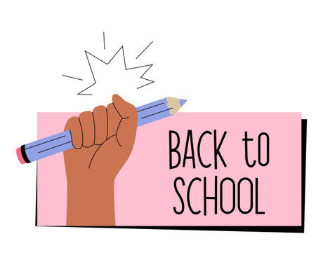 Hand with pencil sticker template. Modern learning concept. Icon or badge. Vector illustration isolated on white background. Editable stroke.のイラスト素材