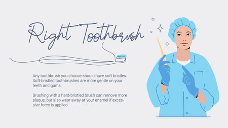Dental website header template. Vector minimalistic design with cartoon female doctor pointing at toothbrush illustration. Grey background.のイラスト素材
