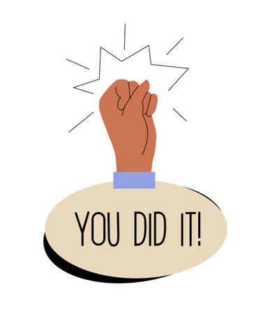 You Did It motivation sticker template. Human hand with clenched fist. Cartoon style. Vector illustration isolated on white background. Editable stroke.のイラスト素材