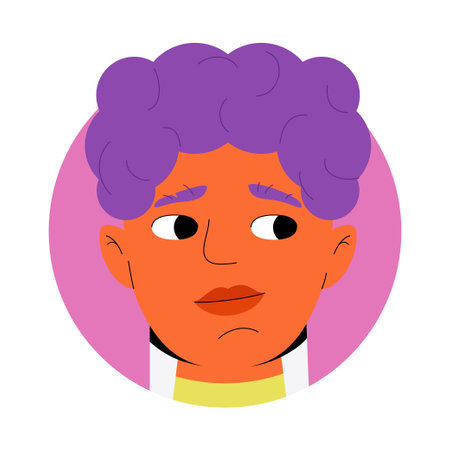 Young man bright colored avatar. Funky male character with violet hair. Funny guy portrait. Flat...