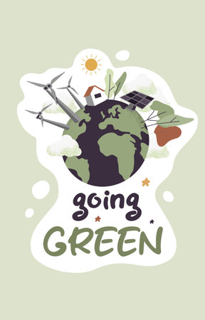 Planet Earth with windmills and solar panels. Vector illustration isolated on gray background. Ecology and sustainable development sticker template. Environment protection, green agenda, save Earth concept.のイラスト素材