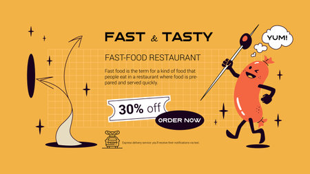 Sausage with olive on toothpick. Modern retro banner template. Cartoon wiener mascot character. Vector fast food contemporary illustration.のイラスト素材