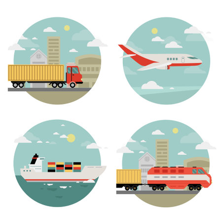 Transport and logistic flat illustration set. Freight vehicles with scenery backgrounds. Vector design.のイラスト素材