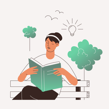 Young woman reading book sitting on bench in park. Outdoor activity. Vector illustration. Idea bulb over her head.のイラスト素材