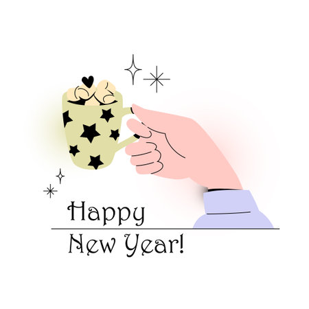 Hand holding cup of hot chocolate and marshmallows. Vector flat illustration isolated on white background. Holiday cartoon poster, card, or banner template.のイラスト素材