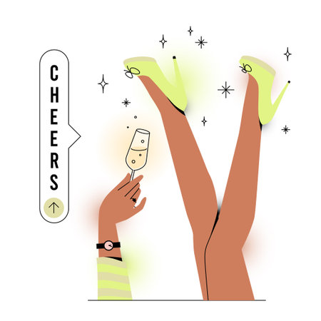 Upside down cheers poster. Champagne wine glass in woman's hand in womans legs up. Celebration funny card or banner design. Vector with editable stroke illustration.のイラスト素材
