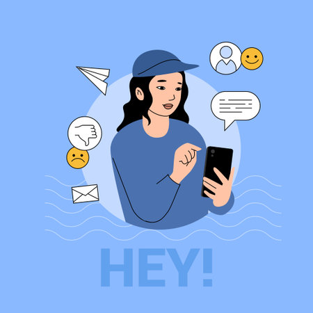 Asian girl using smartphone and texting. Smile and dislike icons around. Vector illustration isolated on blue background.のイラスト素材