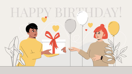 Young man presenting gift to young woman. Modern flat illustration. Celebration or anniversary concept. Romantic relationship vector design.のイラスト素材