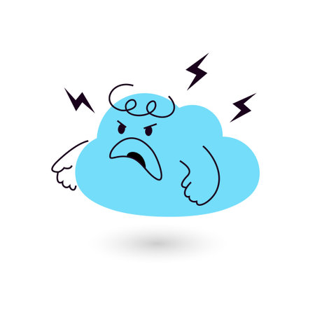 Angry cloud cartoon character with lightning bolts. Flat vector mascot illustration isolated on white background. Editable stroke.のイラスト素材
