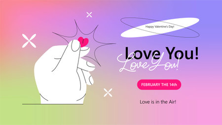 Web banner template with words 'Love You!' and big hand holding small heart. Contemporary vector app design on gradient background. Y2K or valentine's day concept.のイラスト素材