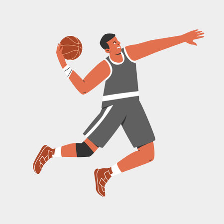 Basketball player with ball. Vector illustration of sportsman character in action. Team sport flat cartoon design.のイラスト素材