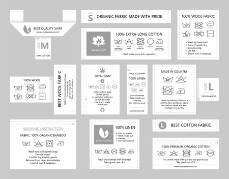 Organic fabric labels with wash instructions. Vector design assets. Laundry or clothing care symbols. Linen, wool, cotton, and hemp fabrics tags. Editable stroke.のイラスト素材