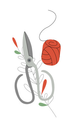 Garden scissors and thread with abstract plant branch. Vector illustration isolated on white background. Modern flat design.のイラスト素材