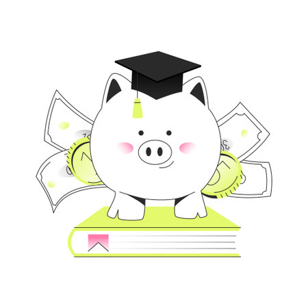 Cute piggy bank in student hat standing on book. Linear flat vector illustration isolated on white background. Financial education or money learning concept. Editable stroke.のイラスト素材