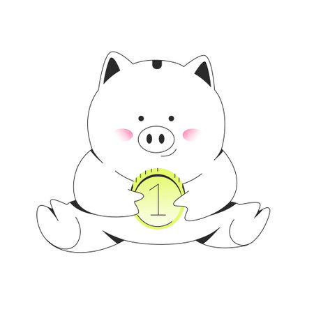 Cute sitting piggy bank holding shiny coin. Linear flat vector illustration isolated on white background. Money saving or loud budgeting concept. Editable stroke.のイラスト素材