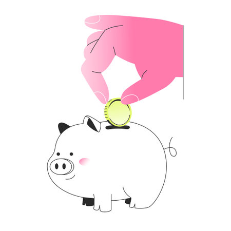 Hand Puts Shiny Coin Into Piggy Bank.Vector illustration isolated on white background. Editable stroke.のイラスト素材