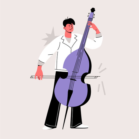 Male musician plays cello. Performer on stage. Music festival or open air concert. Jazz band show. Musician vector illustration isolated on beige.のイラスト素材