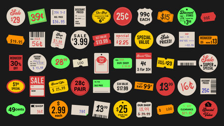 Old price tags design set. Vintage sale stickers collection. Overlay adhesive labels bundle. Vector...
