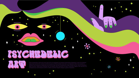 psychedelic art poster template. trippy vector design. acid background. cartoon horizontal hippie poster with abstract faceのイラスト素材