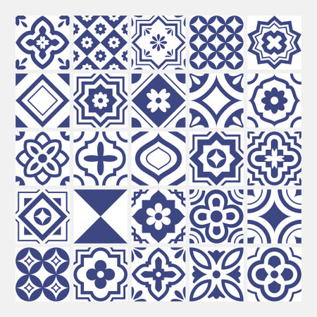 mosaic tiles blue seamless. flowerish abstract repeatable patterns set. wall or floor or wrapping paper design. vector rapports collectionのイラスト素材