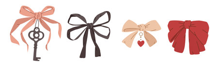 various cartoon bow knots. gift ribbon with vintage key. hair braiding accessory. flat vector hand drawn illustrationsのイラスト素材