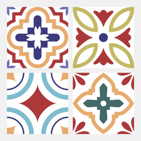 colored seamless or rapported tiles. square decorative patterns.  abstract mosaic backdrop. vector design for wall or floor. isolated on white. wrapping paper surfaceのイラスト素材