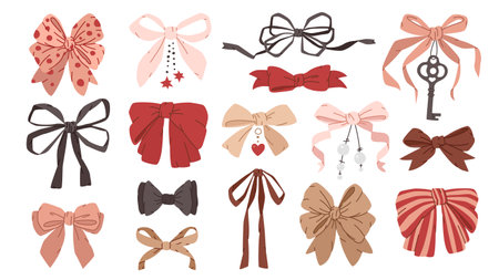 cute bows design set. various gift ribbons. bowknot with jewels. hair accessories. bow knots for gift wrapping. flat vector hand drawn illustrationsのイラスト素材
