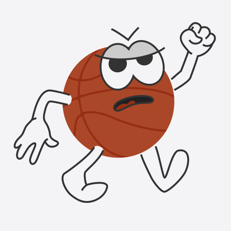 basketball sad cartoon character walking with fist up. sport mascot vector illustration isolated on white. retro vibeのイラスト素材