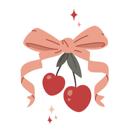 cherry with bow coquette. y2k aesthetic. hand drawn vector. pink ribbon item. cute valentine giftのイラスト素材