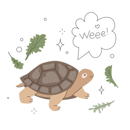 cute turtle with speech bubble. vector illustration of home pet. pet shop. salad leaves. editable strokeのイラスト素材