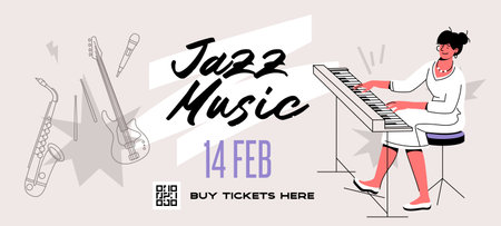 jazz music fest poster design template. female keyboardist plays electric piano. modern flat vector illustration. horizontal format. 
のイラスト素材