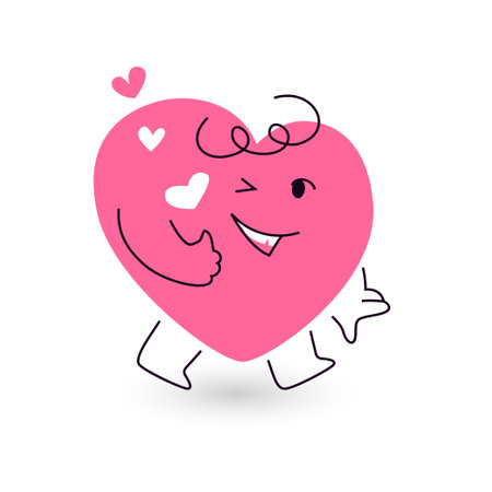 happy smiling heart mascot with thumb up gesture. approval conversation. reaction or communication emoji. vector illustration on white bg. editable strokeのイラスト素材