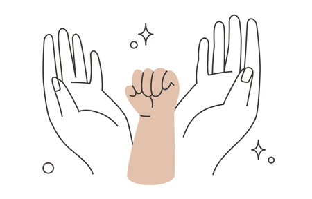 parents hands holding child hand clenched in fist . big caring mom and dad hands. family relationship and protection. line vector illustration isolated. editable strokeのイラスト素材