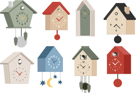 set of boho cuckoo clocks. contemporary time measuring device in shape of houses isolated on transparent background. neat vector illustration of pendulum clocks. nowadays interior designのイラスト素材