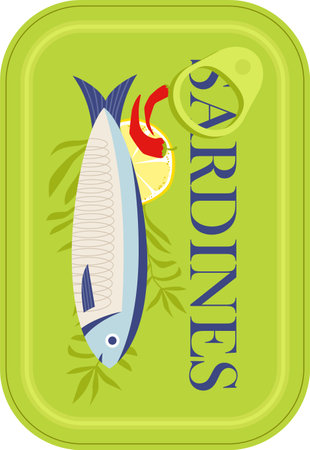Bright green sardine can. Aesthetic vector illustration on transparent background. Canned fish artwork. Seafood packaging poster template. Restaurant, cafe, or kitchen wall decor.のイラスト素材
