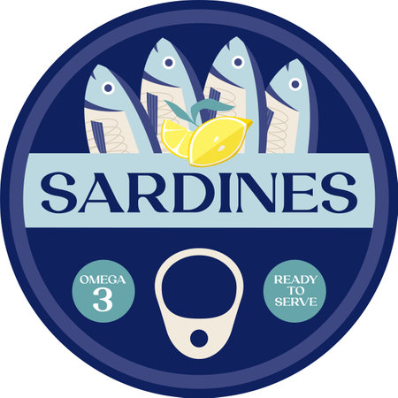 Round tin can sardines. Aesthetic vector illustration on transparent background. Canned fish artwork. Seafood packaging poster template. Restaurant, cafe, or kitchen wall decor.のイラスト素材