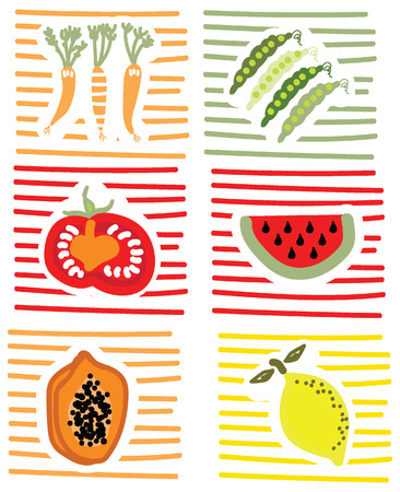 Healthy food Set of fruits and vegetables icons dooddley kids style funny iconsの写真素材