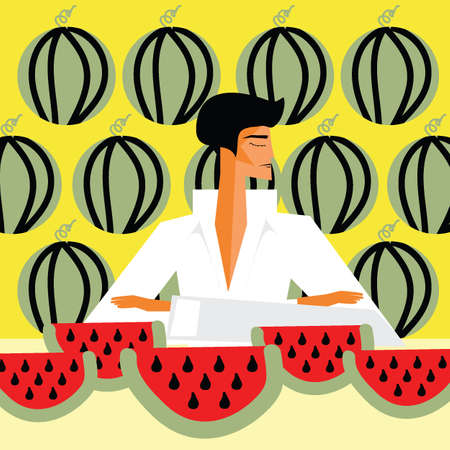 The man sitting at the table with watermelons illustrationの写真素材