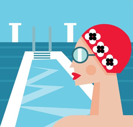Fashion glamour woman in sports swimsuit swims in the pool. Fashion simple cartoon illustration backgroundの写真素材